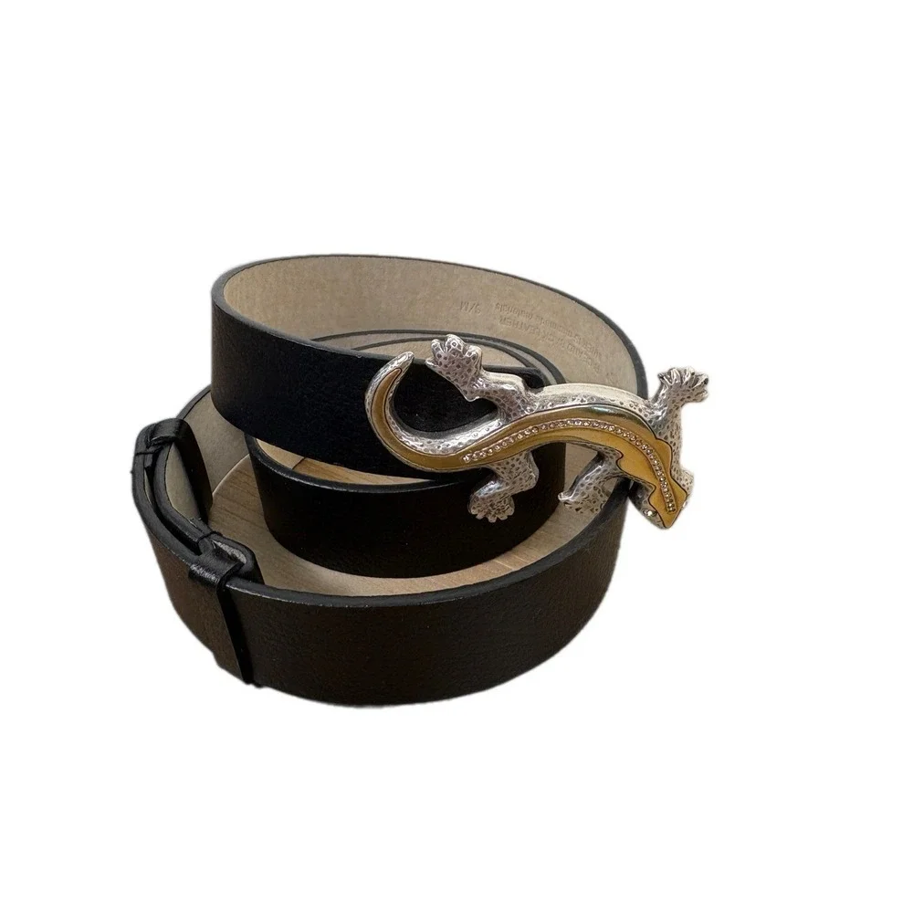 Vintage Chicos Black Leather Gecko Belt Womens Size S/M‎ Silver Gold Embellished